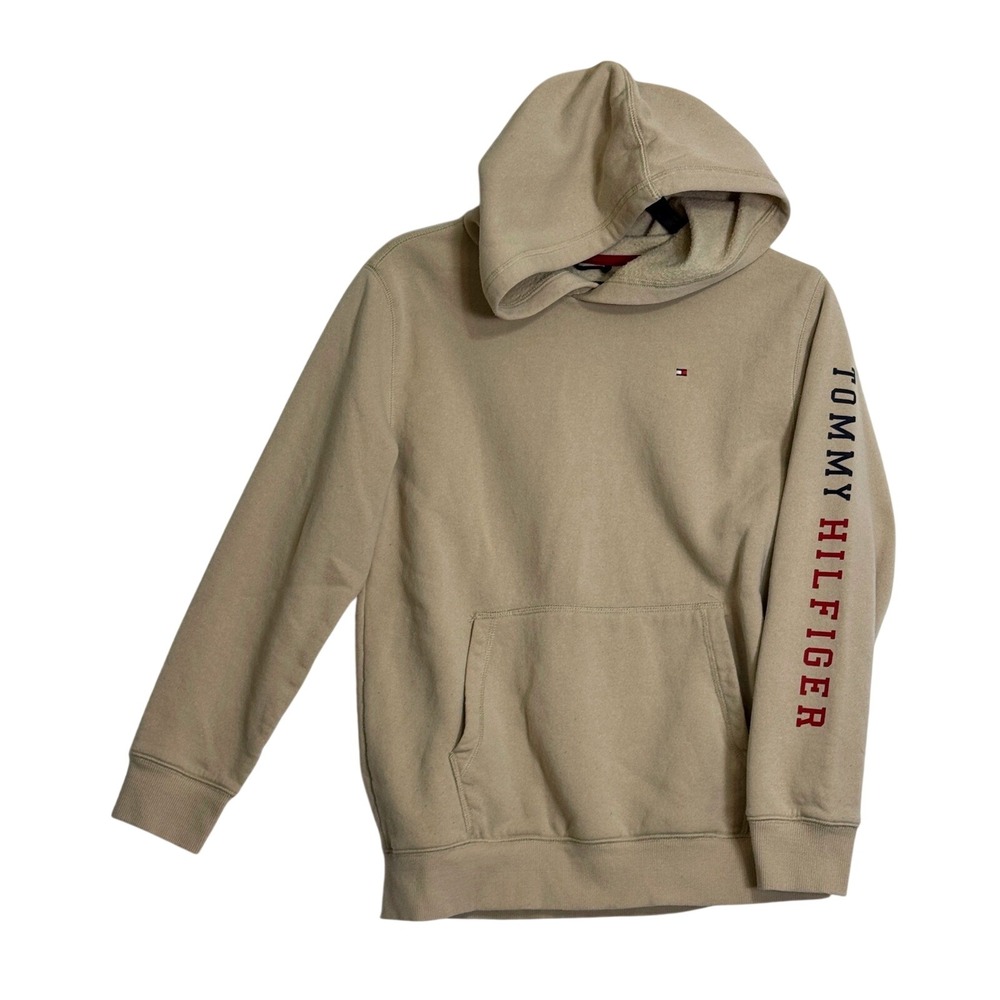 Tommy Hilfiger Tan Hoodie Logo Sleeve Pocket‎ Fleece Lined Youth L 14 16